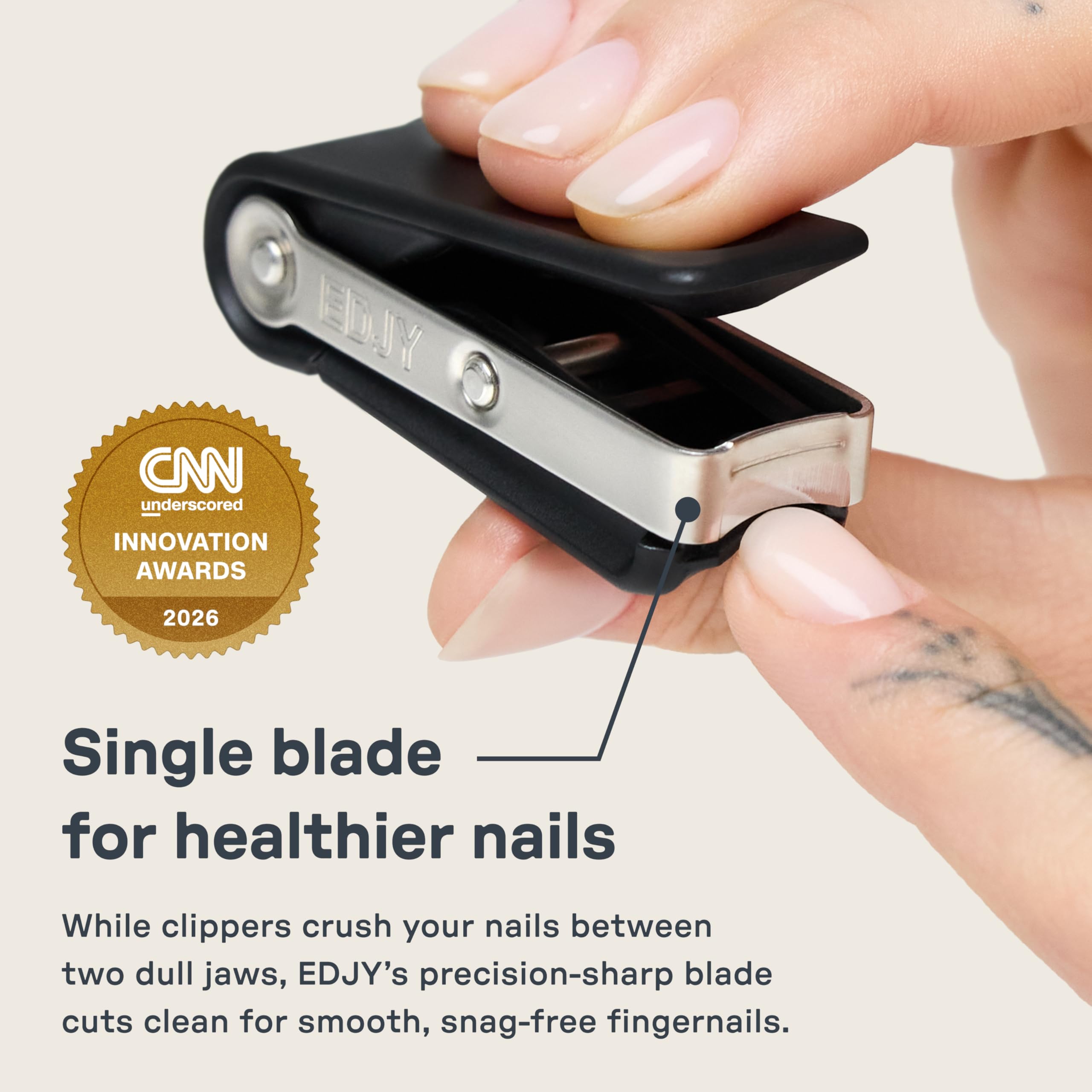 EDJY blade close-up highlighting sharp stainless-steel edge