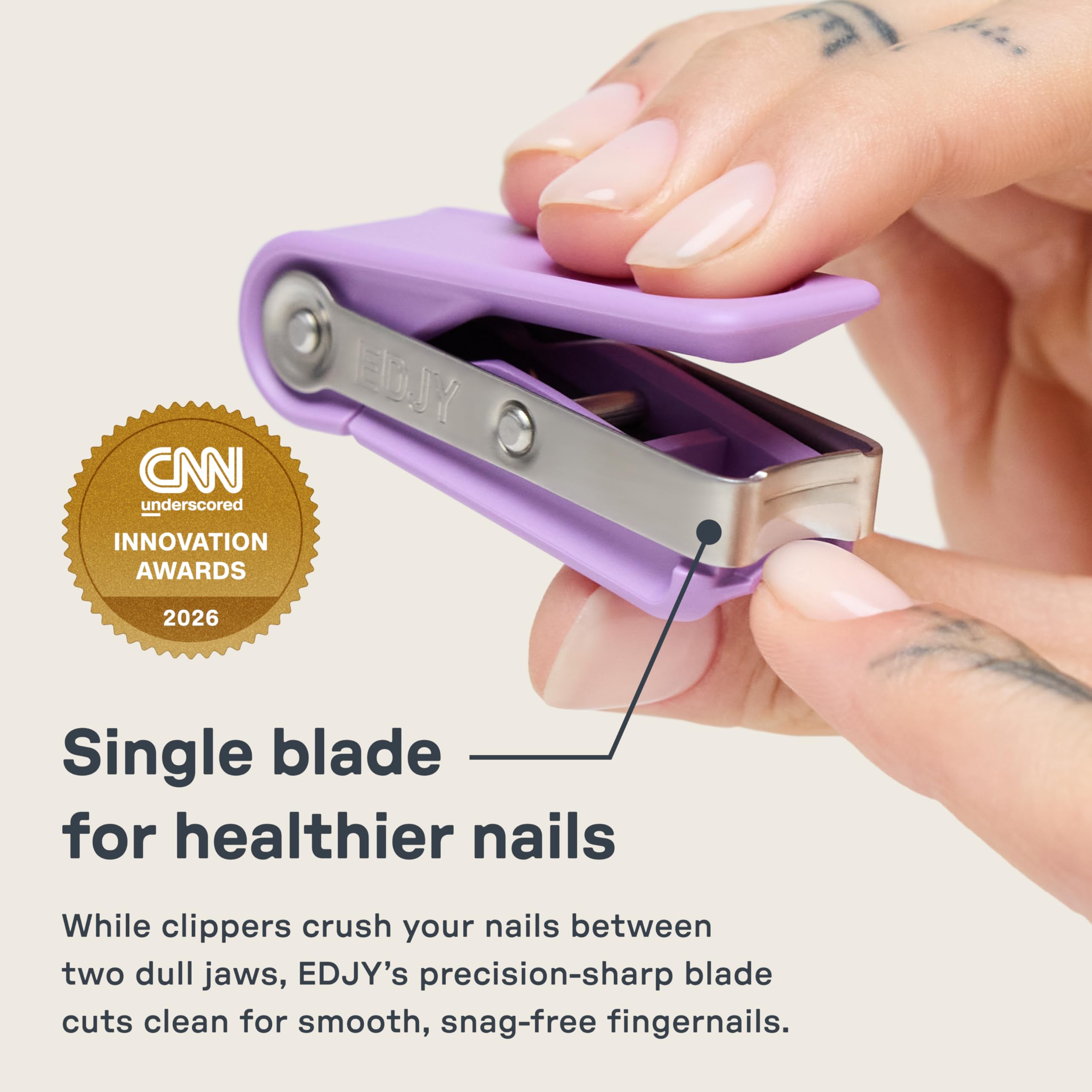 EDJY close-up of stainless steel blade highlighting sharp edge for cleaner cuts