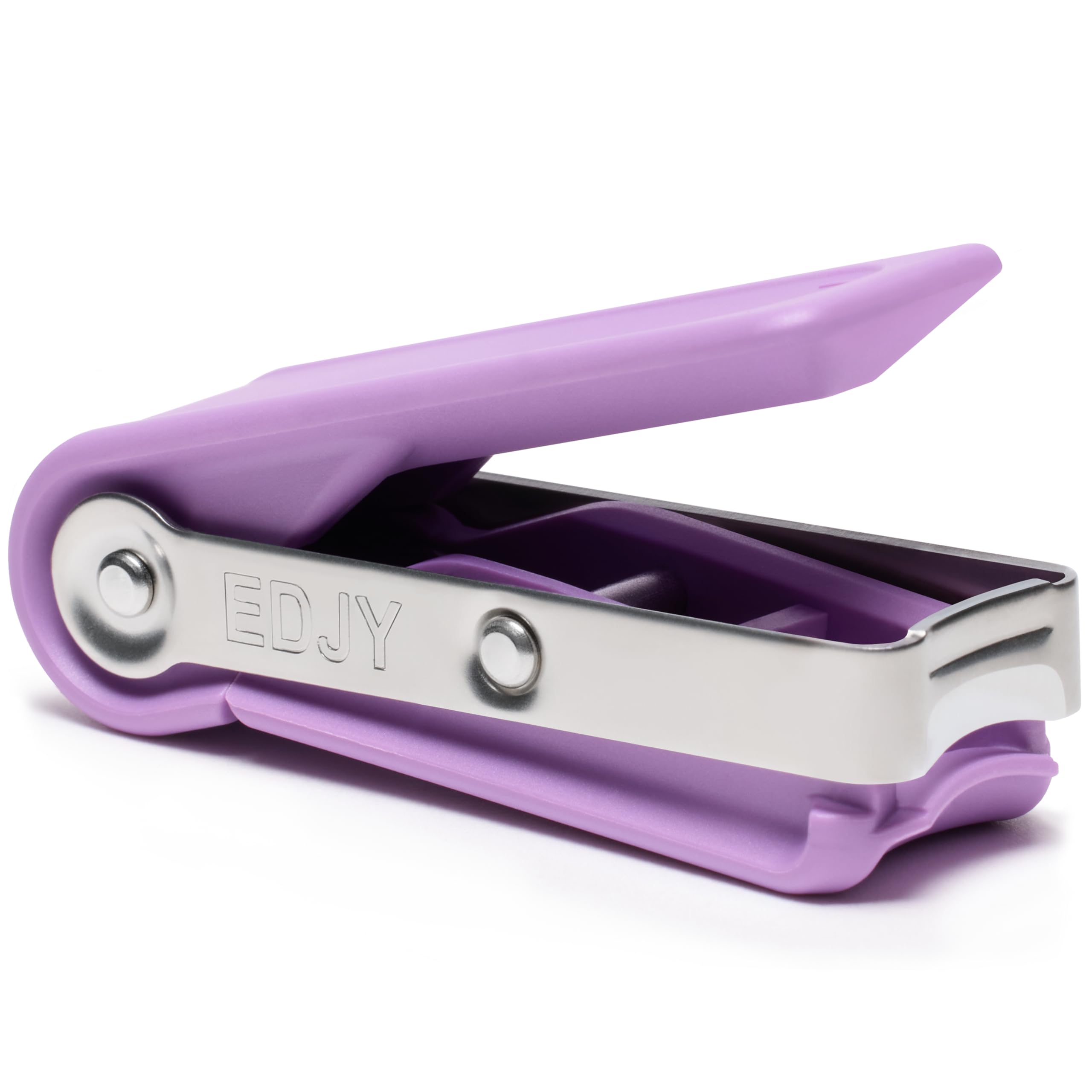 EDJY fingernail cutter front view in lilac showing precise trimming and tidy appearance