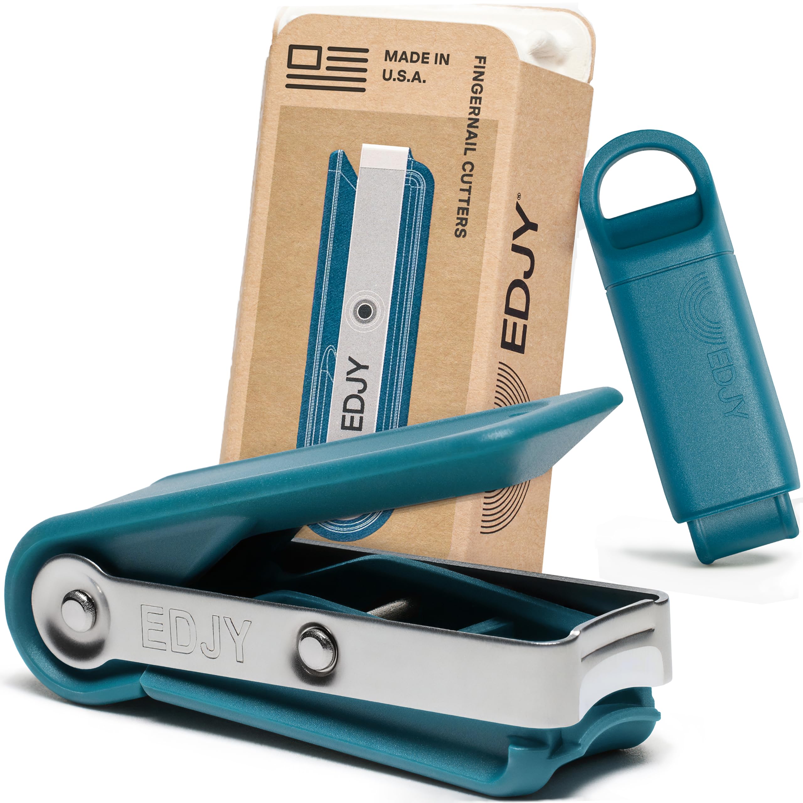 EDJY front view of blue fingernail cutter showing compact shape and precision
