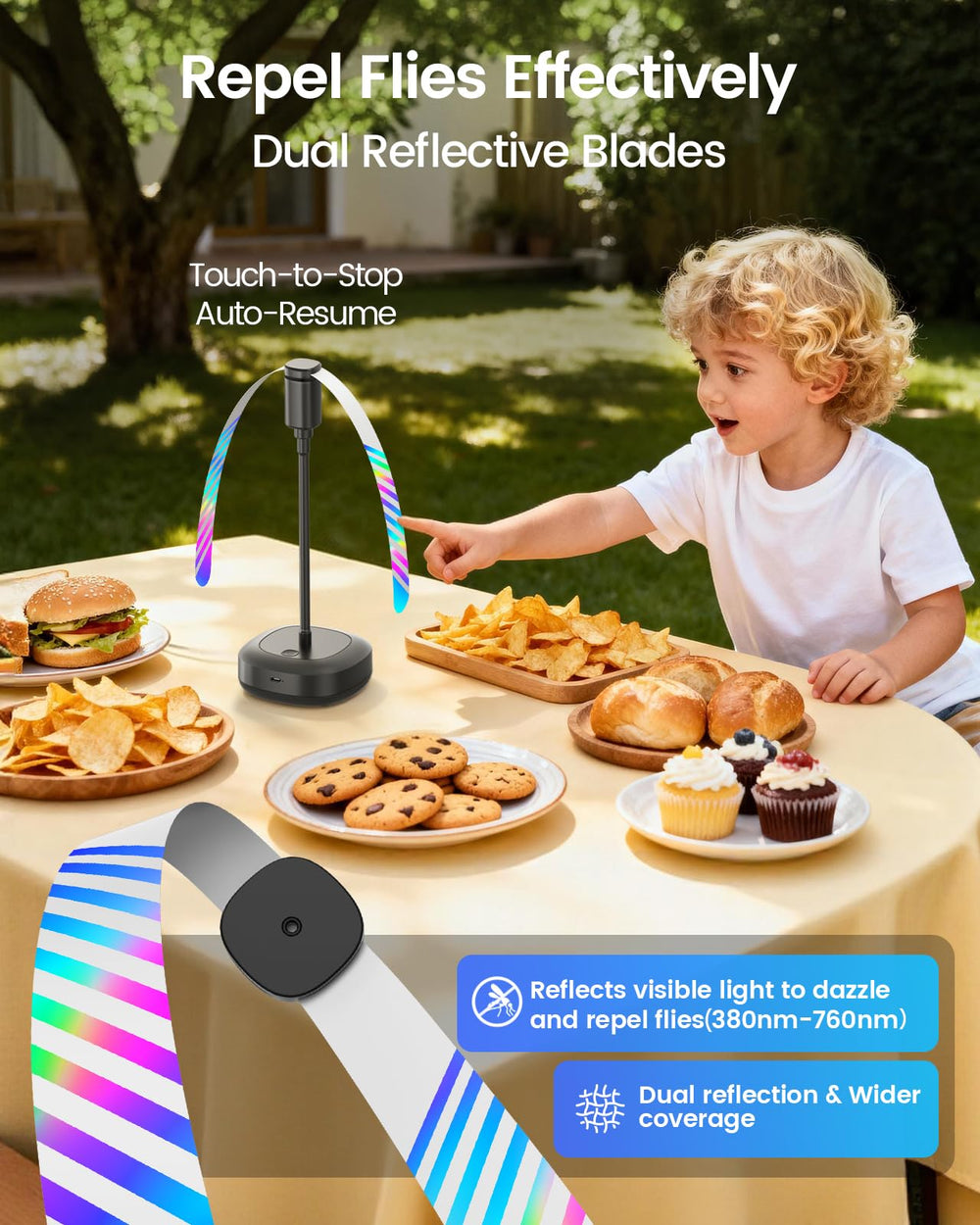 Edvision holographic dual-sided blades detail showing visual pest deterrent