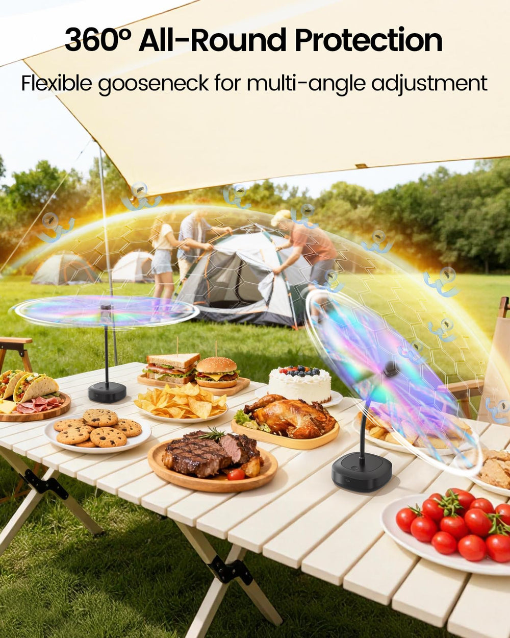 Edvision fan in use on picnic table protecting food from flies