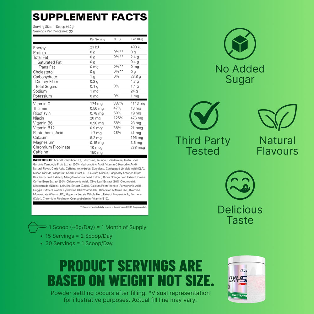 EHP Labs OxyShred opened tub showing fine kiwi-strawberry powder texture