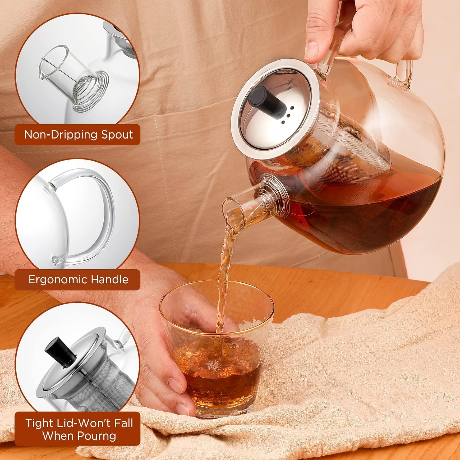 Ehugos closeup stainless infuser displaying fine mesh and easy leaf removal benefit