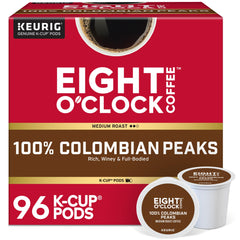 Eight O'Clock Coffee front packaging showing 96-count convenience and medium roast benefit