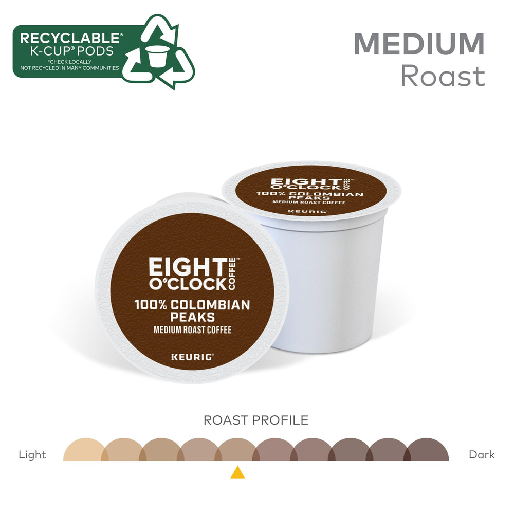 Eight O'Clock Coffee box opened with pods spread, showing stock-up convenience advantage