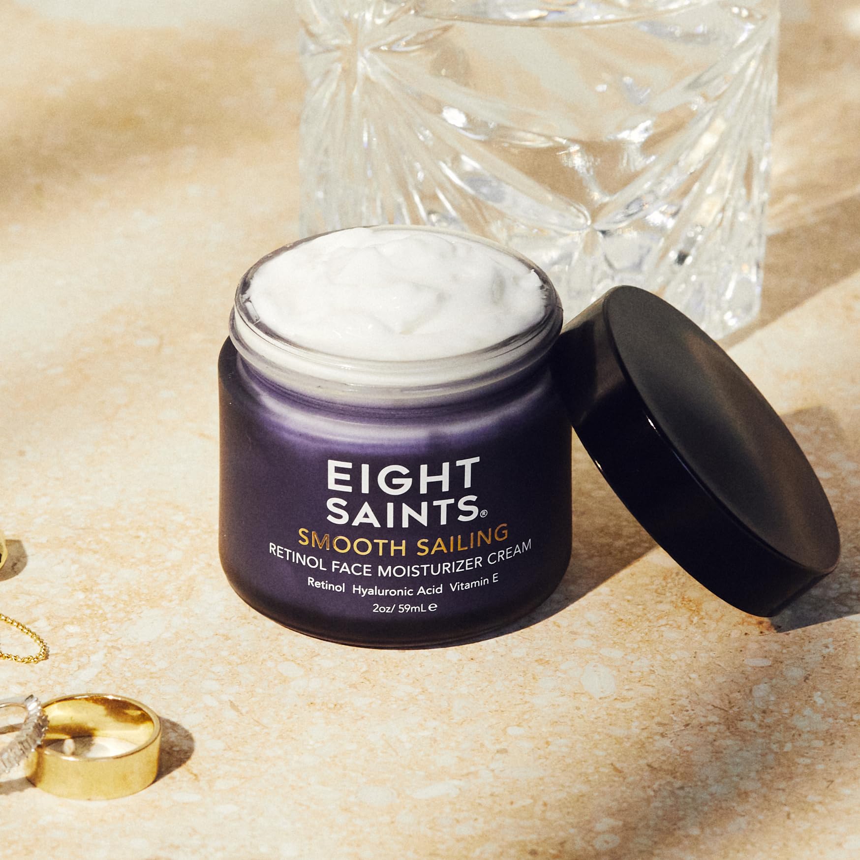 Eight Saints close-up label listing retinol hyaluronic acid and vitamin E for ingredient clarity