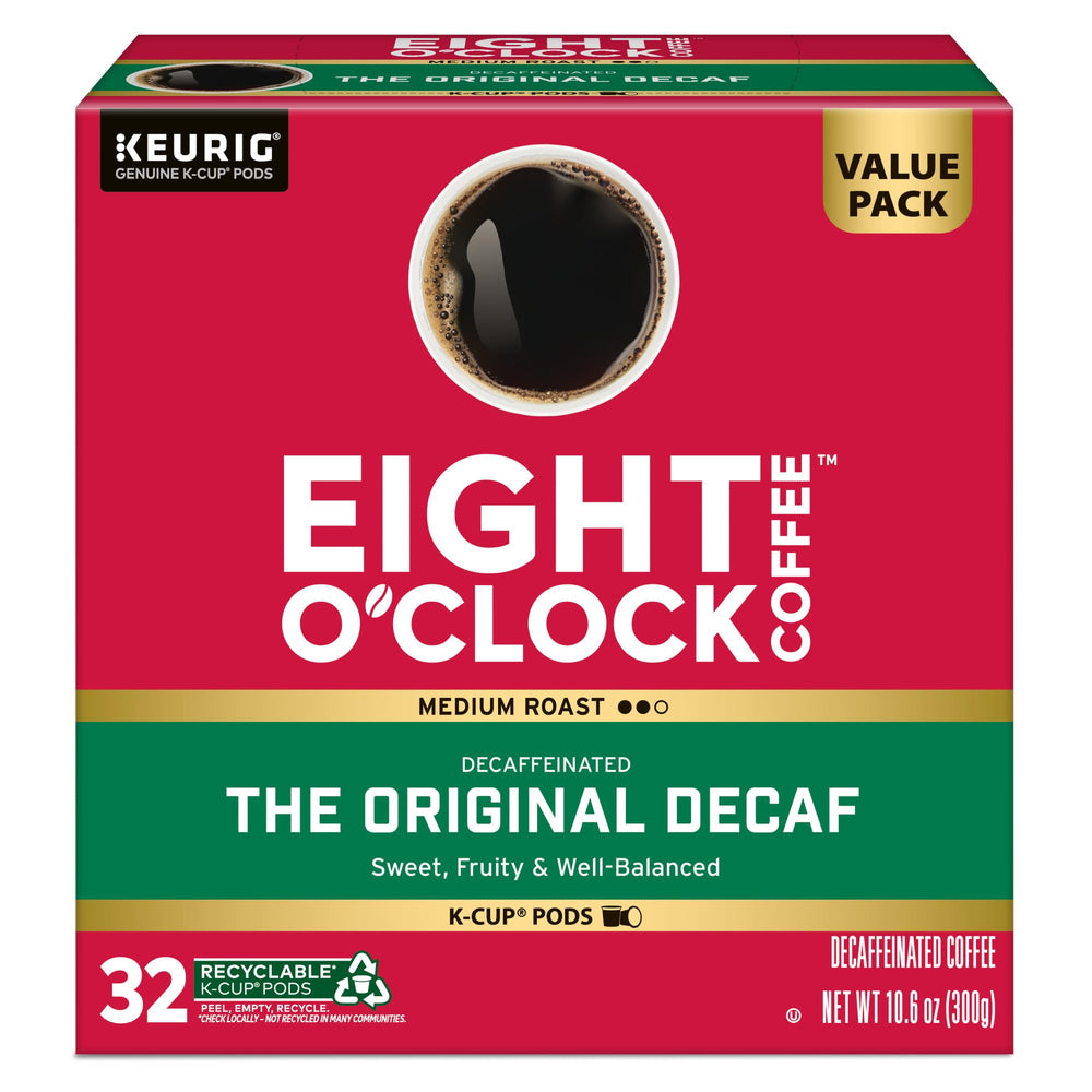 Eight O'Clock pod next to ruler showing size compatibility with K-Cup brewers