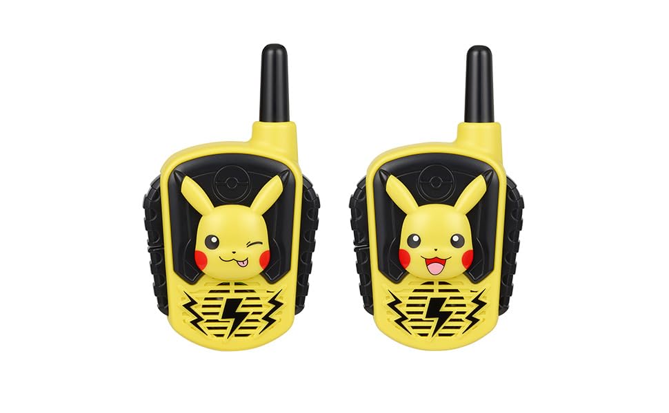 eKids Pikachu walkie talkies front view shows fun design and instant play benefit