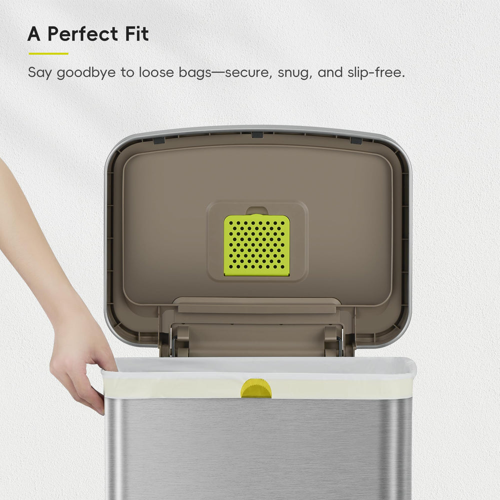 EKO bag fitted inside kitchen bin illustrating 21-gallon capacity and neat fit