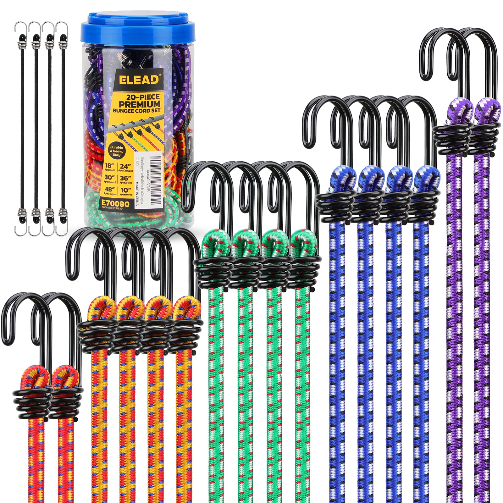 ELEAD front view of jar with 20 bungee cords for tidy storage