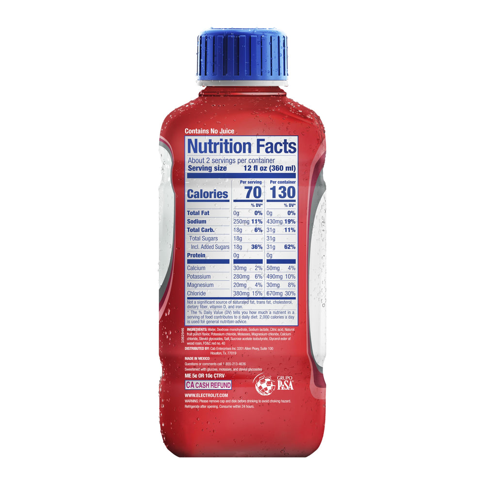 Electrolit bottle angle highlighting the label and convenient 21 fl oz size for portability
