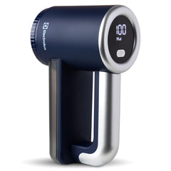 Electrolux front view blue shows compact lint shaver and easy grip benefit