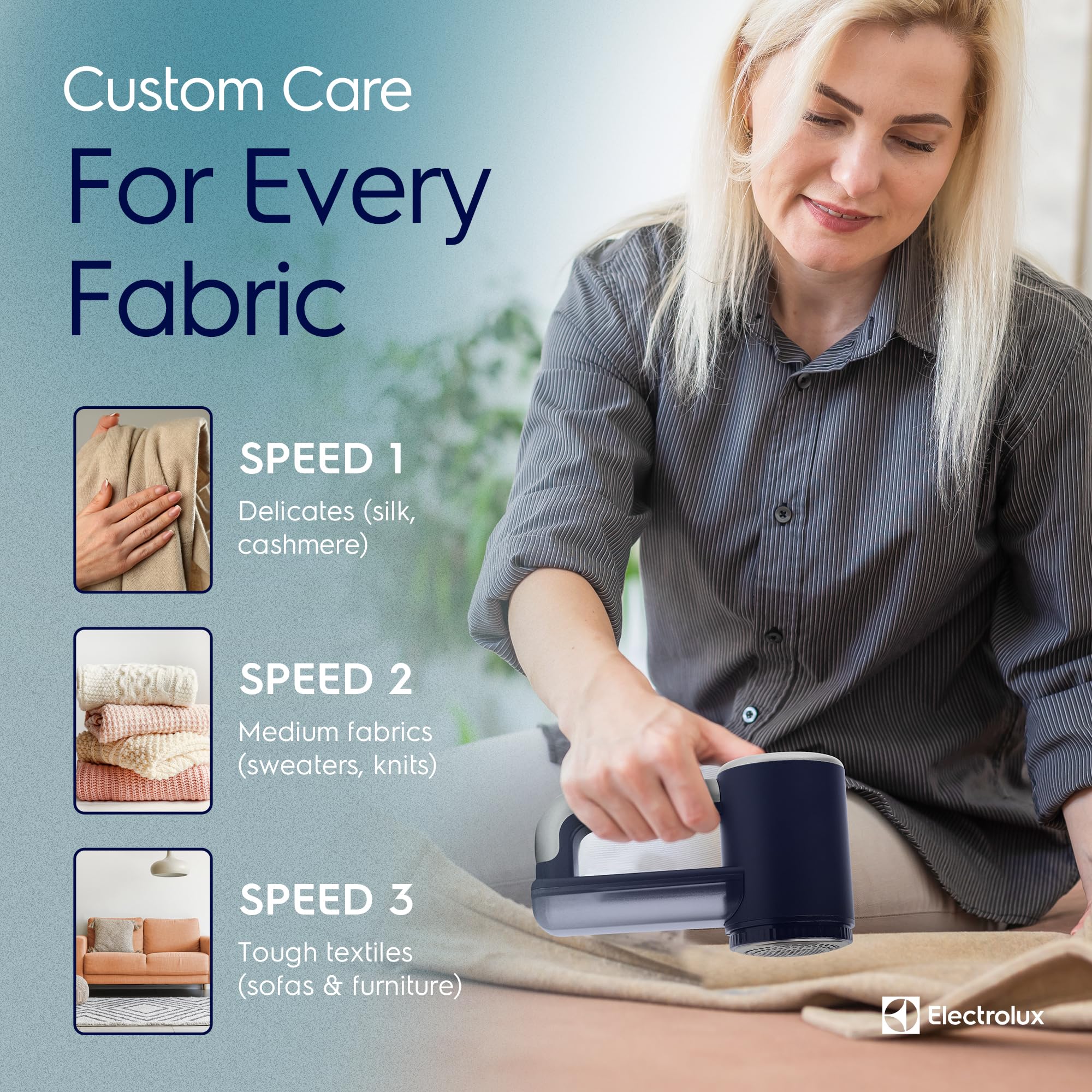 Electrolux in use on sweater removes fuzz and refreshes garment appearance