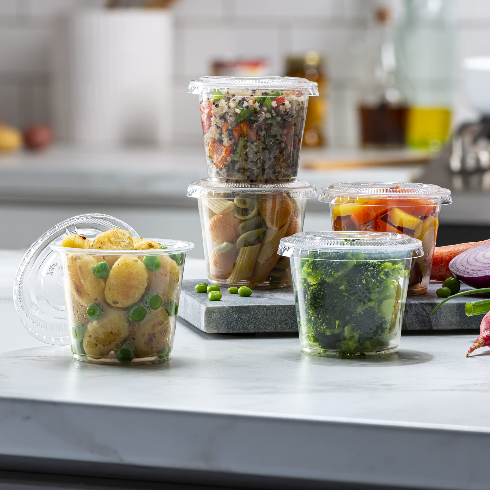 ELEGANT DISPOSABLES cups filled with sauces showing quick visibility and serving readiness