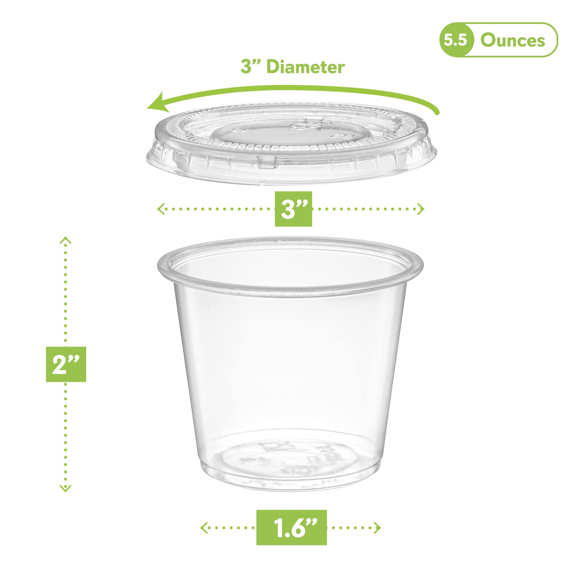 ELEGANT DISPOSABLES cup beside a hand showing 5 oz scale for portion control