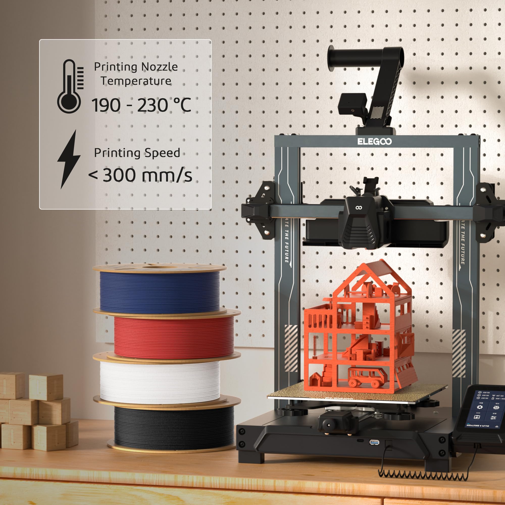 ELEGOO spool held in hand for scale, showing 1KG capacity and easy handling advantage