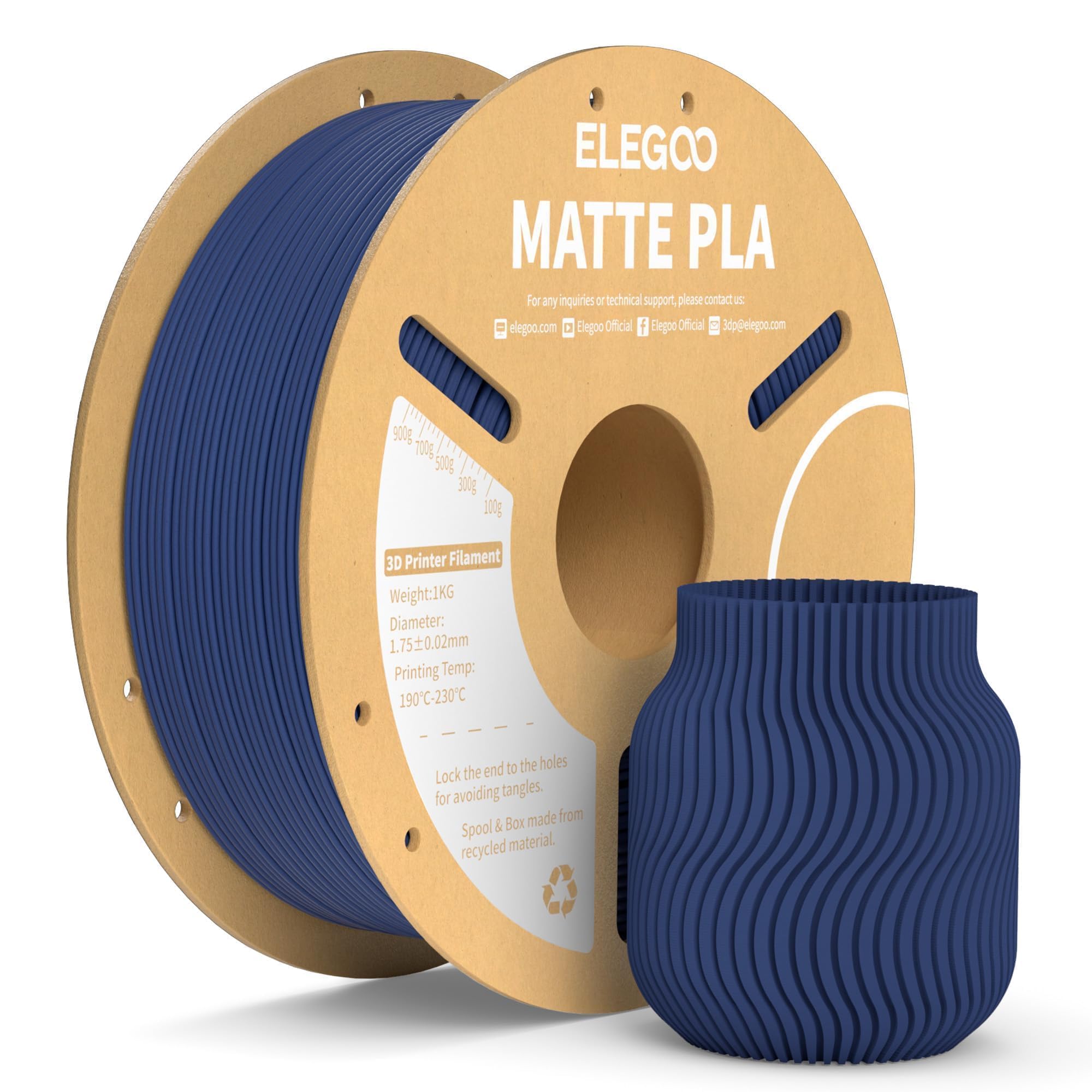 ELEGOO navy blue spool front view showing clean labeling and matte color benefits