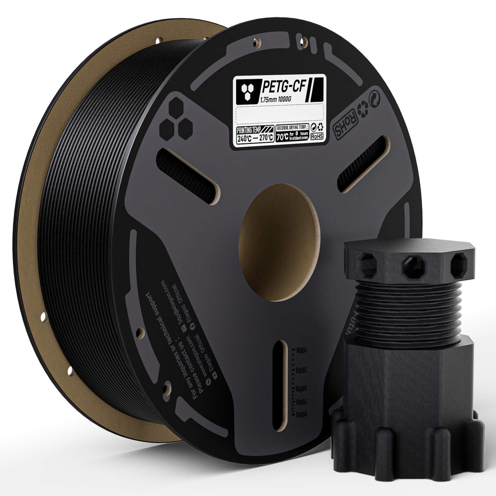 ELEGOO spool front view showing black PETG-CF and clear labeling benefit strength