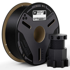ELEGOO spool front view showing black PETG-CF and clear labeling benefit strength