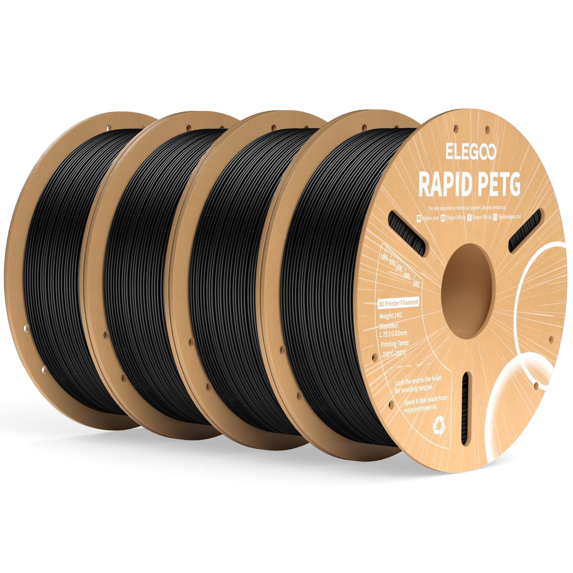 ELEGOO four-spool Rapid PETG black packaging shows bundle convenience