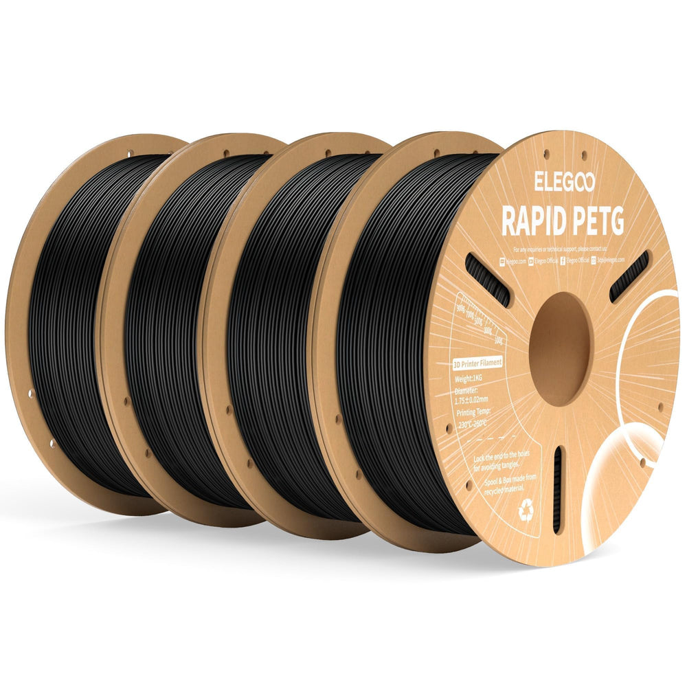 ELEGOO four-spool Rapid PETG black packaging shows bundle convenience