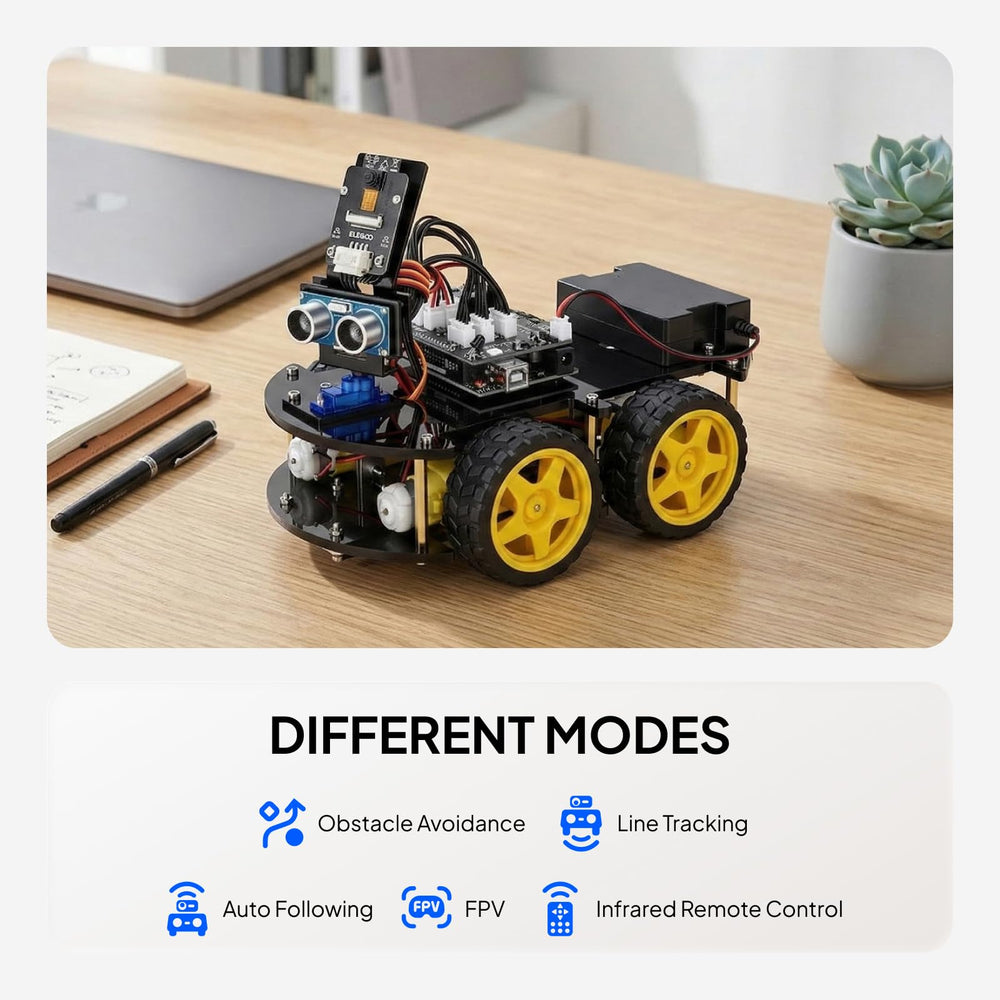 ELEGOO robot car controlled via smartphone app with live FPV, useful for remote driving