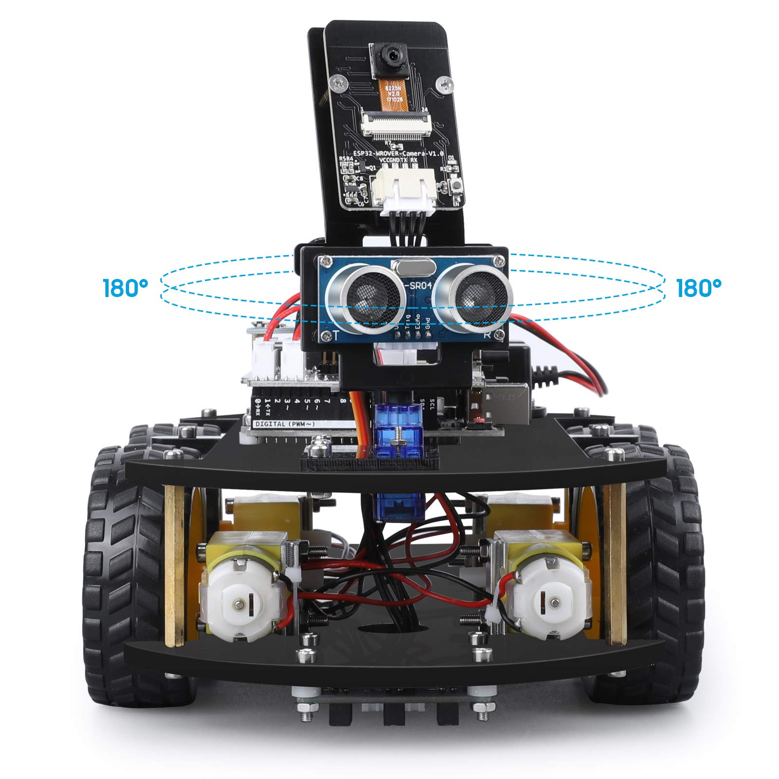 ELEGOO robot car scale next to hand for size reference, demonstrates compact footprint
