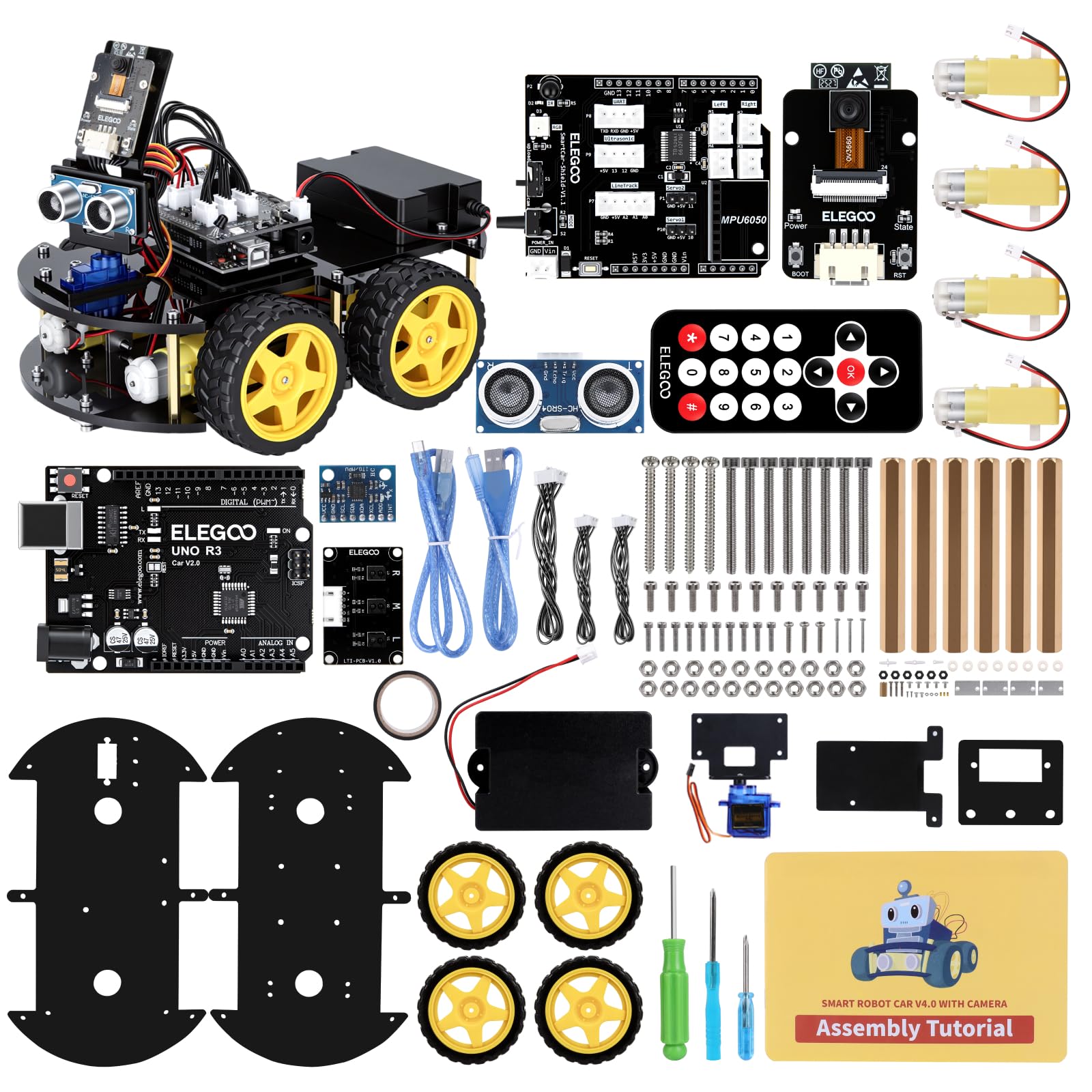 ELEGOO front view of assembled robot car showing chassis and wiring, ideal for learning