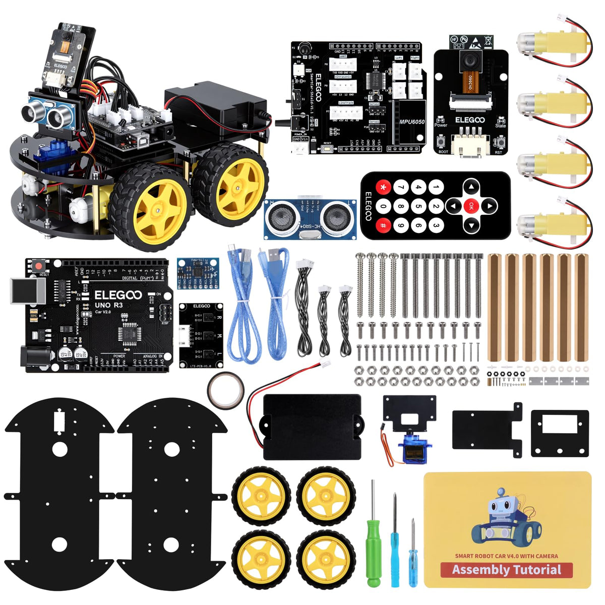 ELEGOO front view of assembled robot car showing chassis and wiring, ideal for learning