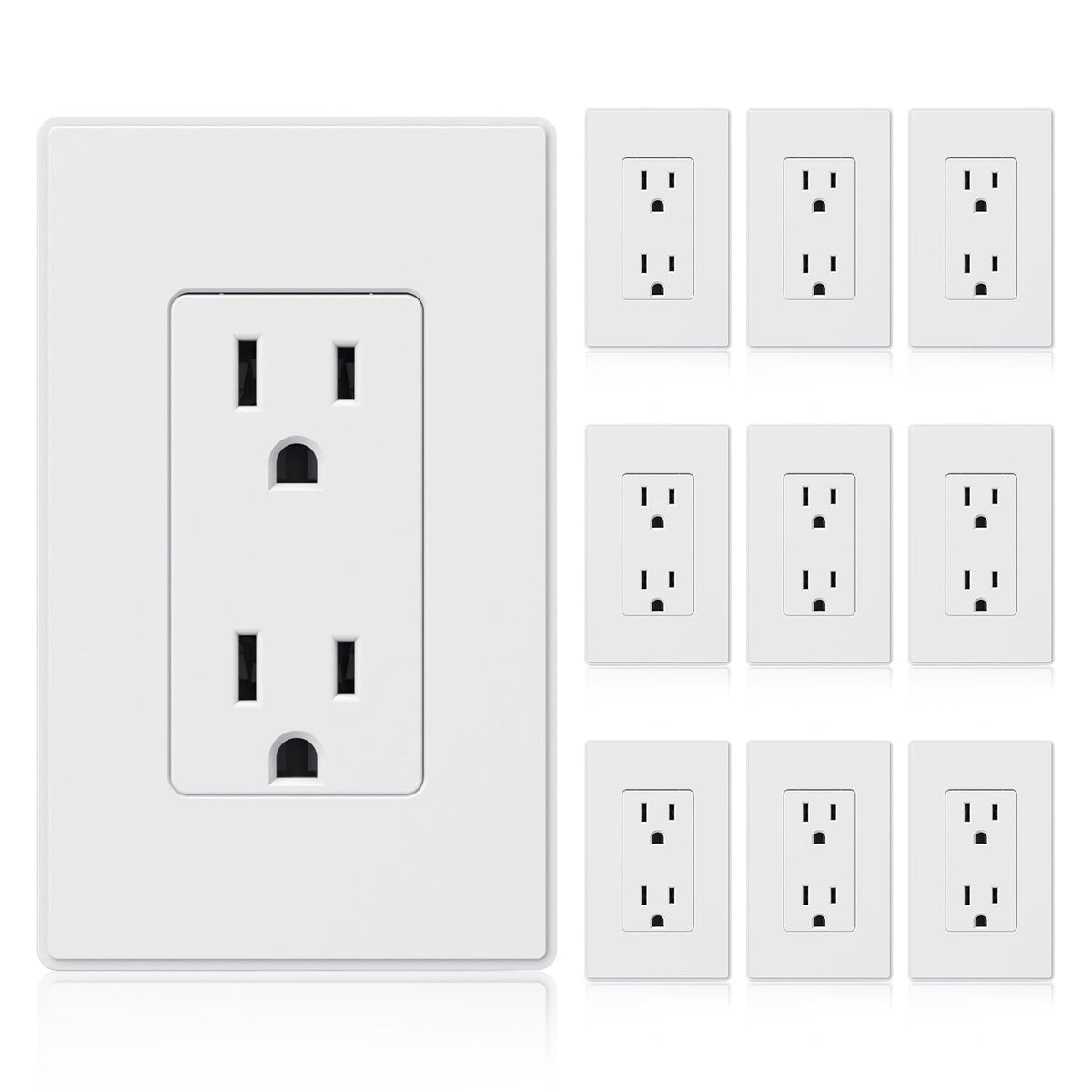 ELEGRP front view of decorator outlet showing clean matte finish and dual receptacles for improved aesthetics