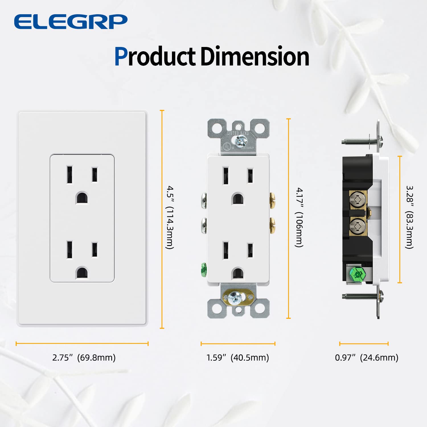 ELEGRP outlet with screwless wall plate installed in living room providing seamless decorative finish
