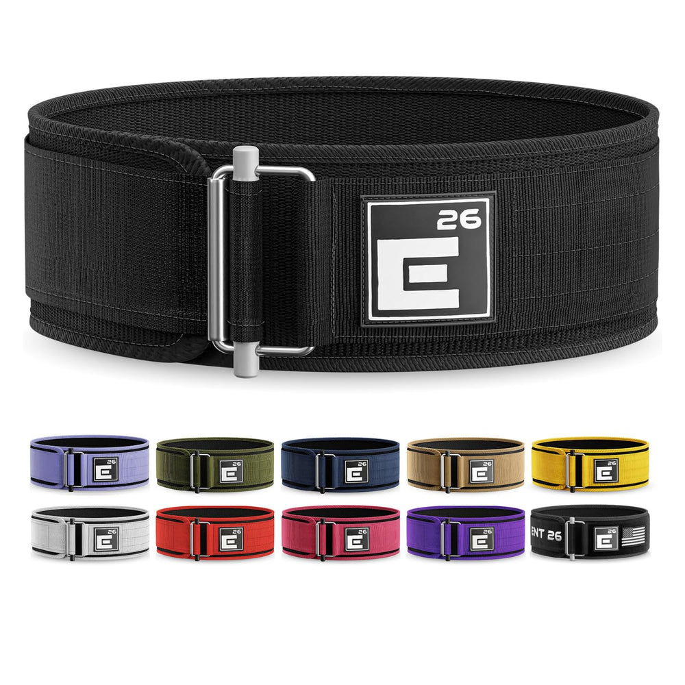 Element 26 front view of black lifting belt showing consistent 4-inch profile and support