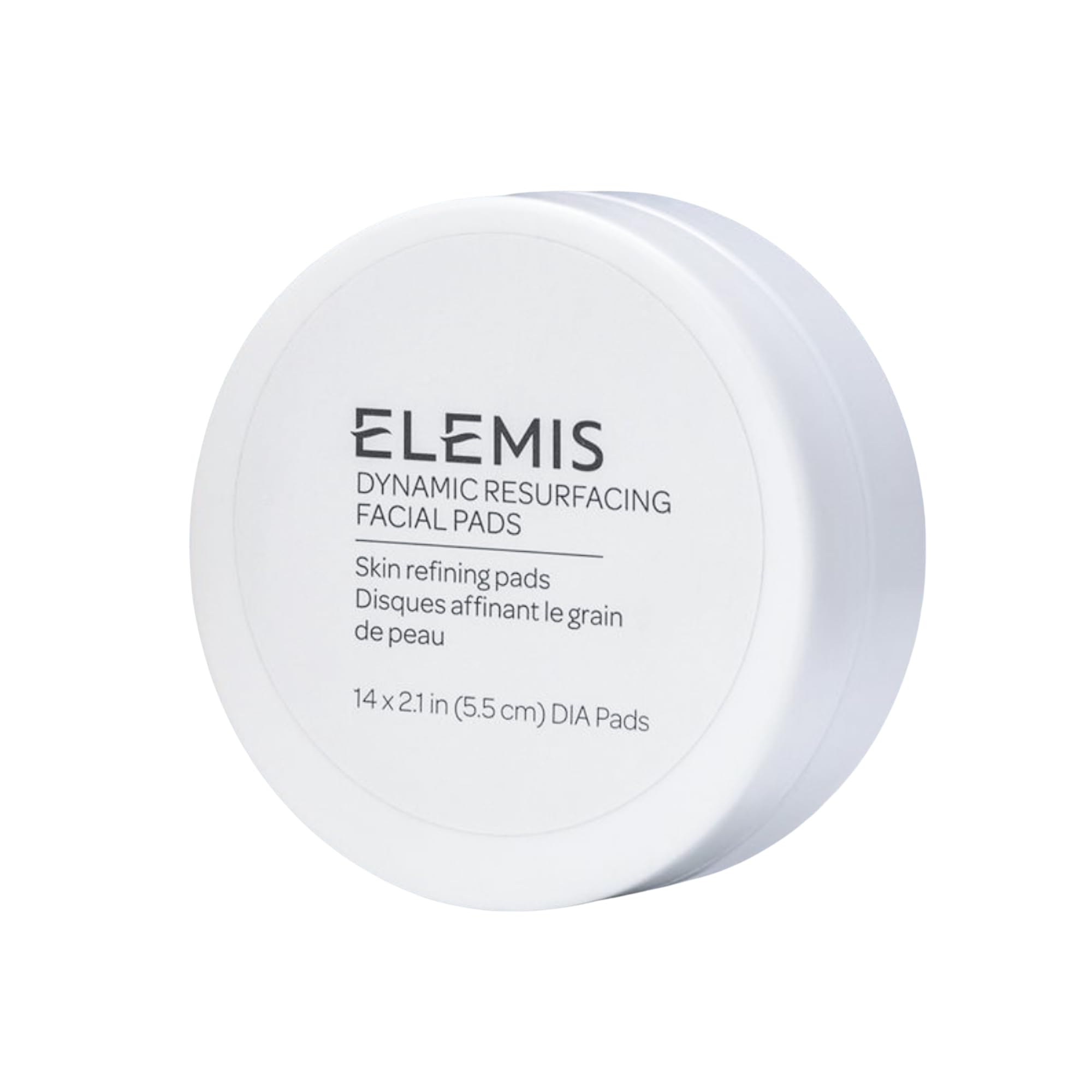 ELEMIS front packaging showing 14-count travel resurfacing pads and benefits