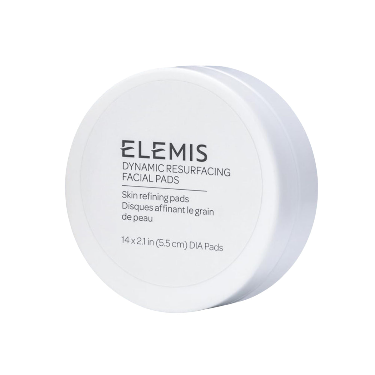 ELEMIS front packaging showing 14-count travel resurfacing pads and benefits