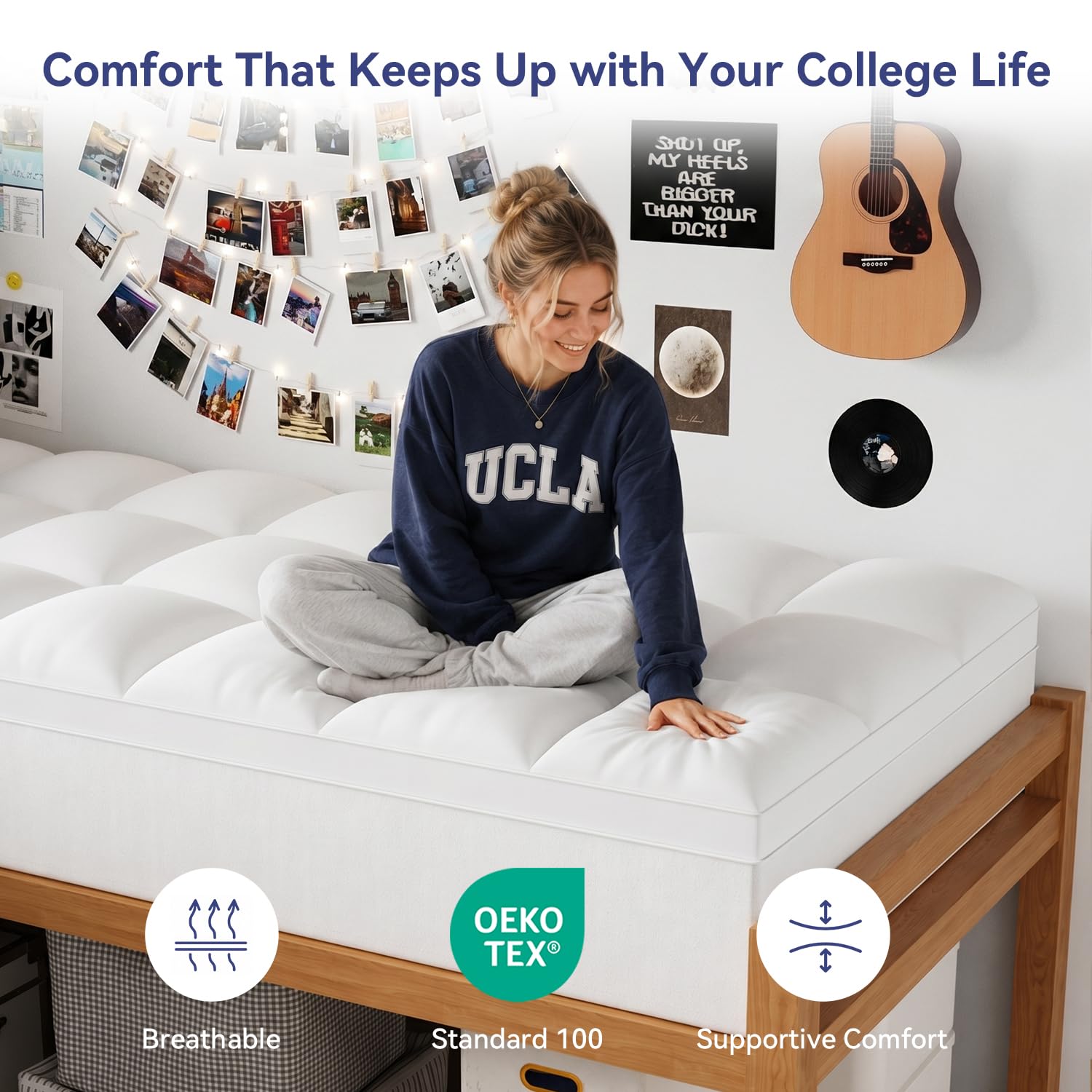 ELEMUSE Twin XL topper on dorm bed illustrating correct size fit
