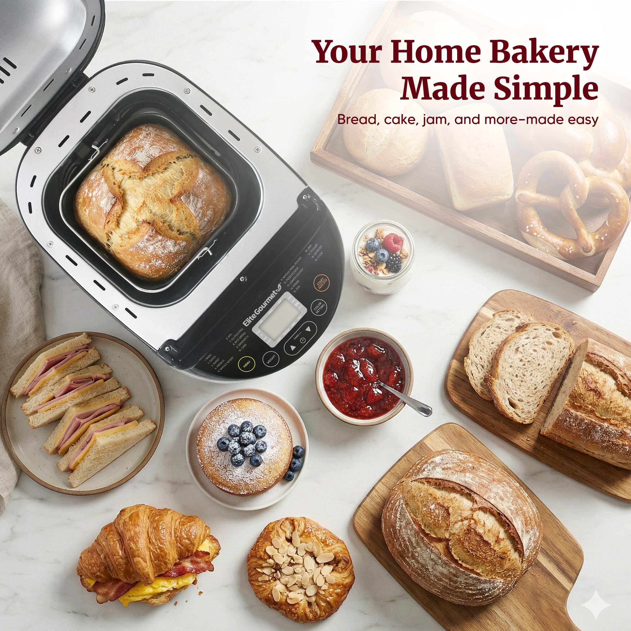Elite Gourmet accessory set laid out including measuring cup spoon and blade tool for ready-to-use baking