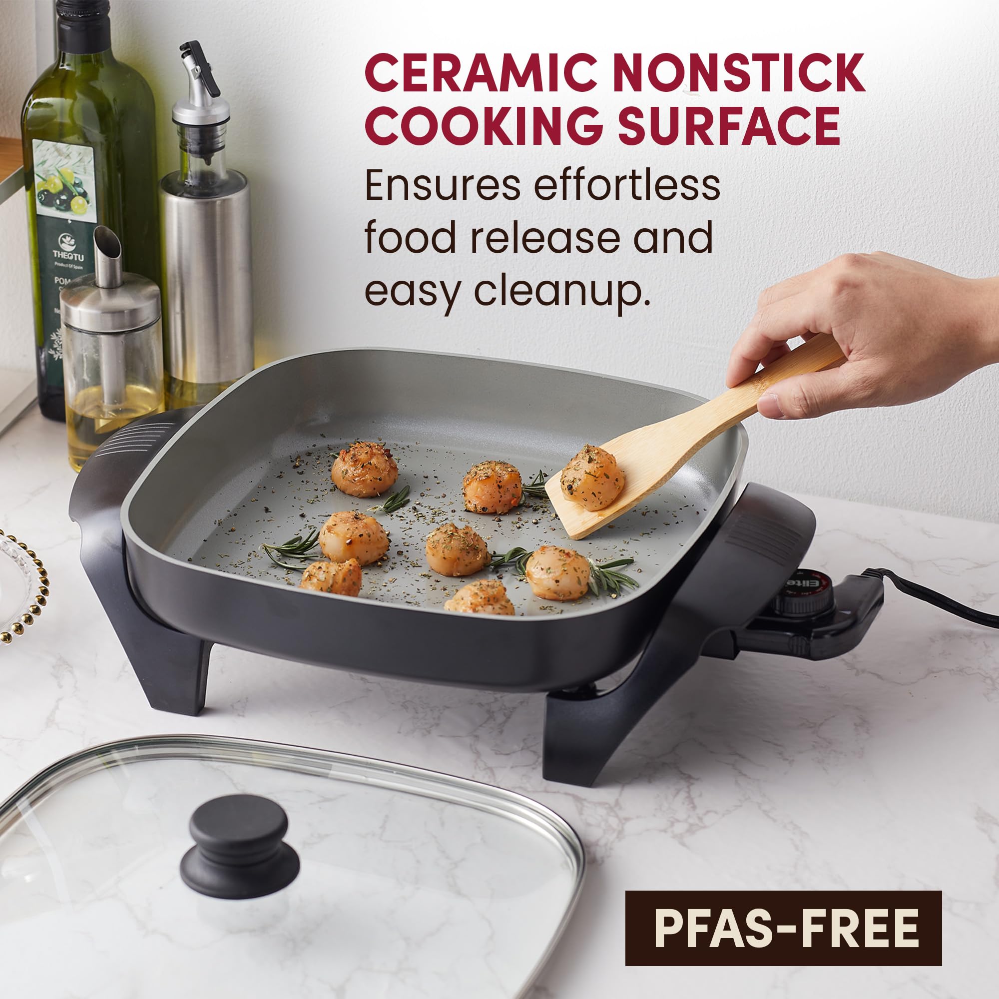 Elite Gourmet removable temperature control probe showing 250–450°F precision for consistent cooking