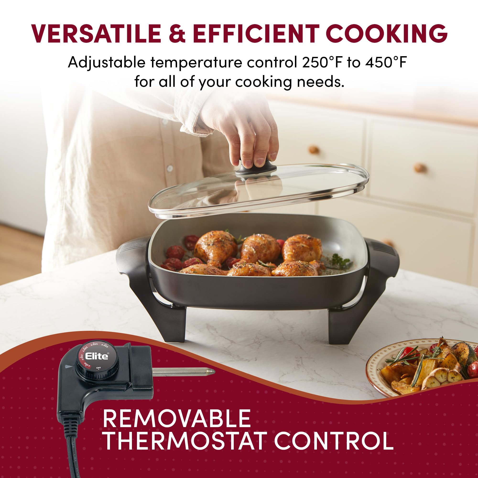 Elite Gourmet skillet in use cooking colorful stir-fry to show even heat distribution