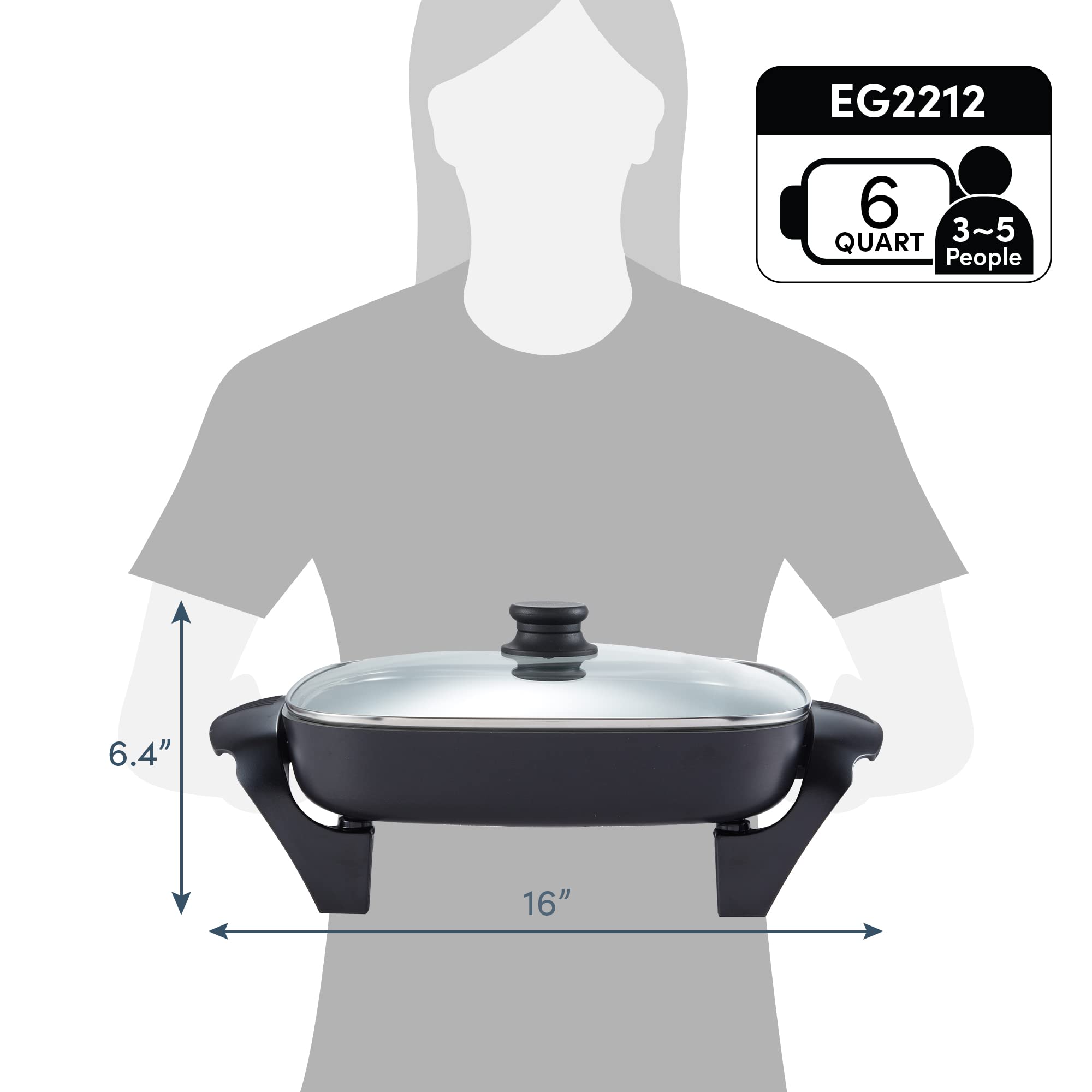 Elite Gourmet skillet next to dinner plate for scale showing generous 12x12-inch cooking area