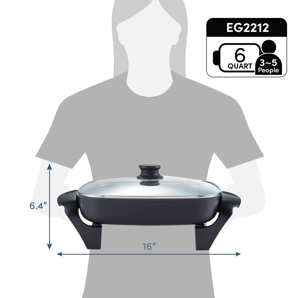 Elite Gourmet skillet next to dinner plate for scale showing generous 12x12-inch cooking area