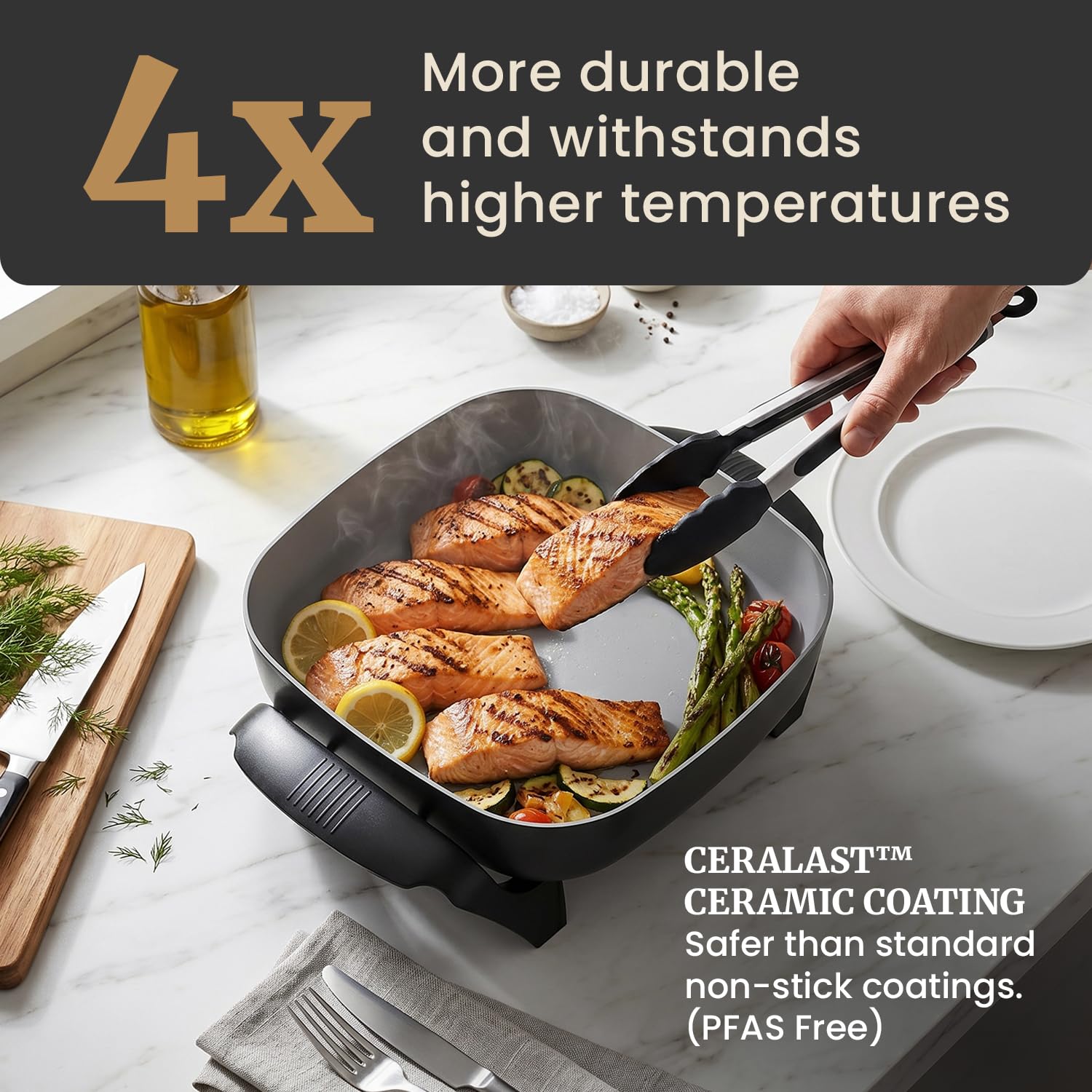 Elite Gourmet close-up of Ceralast ceramic coating showing scratch resistance and easy food release
