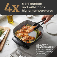 Elite Gourmet close-up of Ceralast ceramic coating showing scratch resistance and easy food release