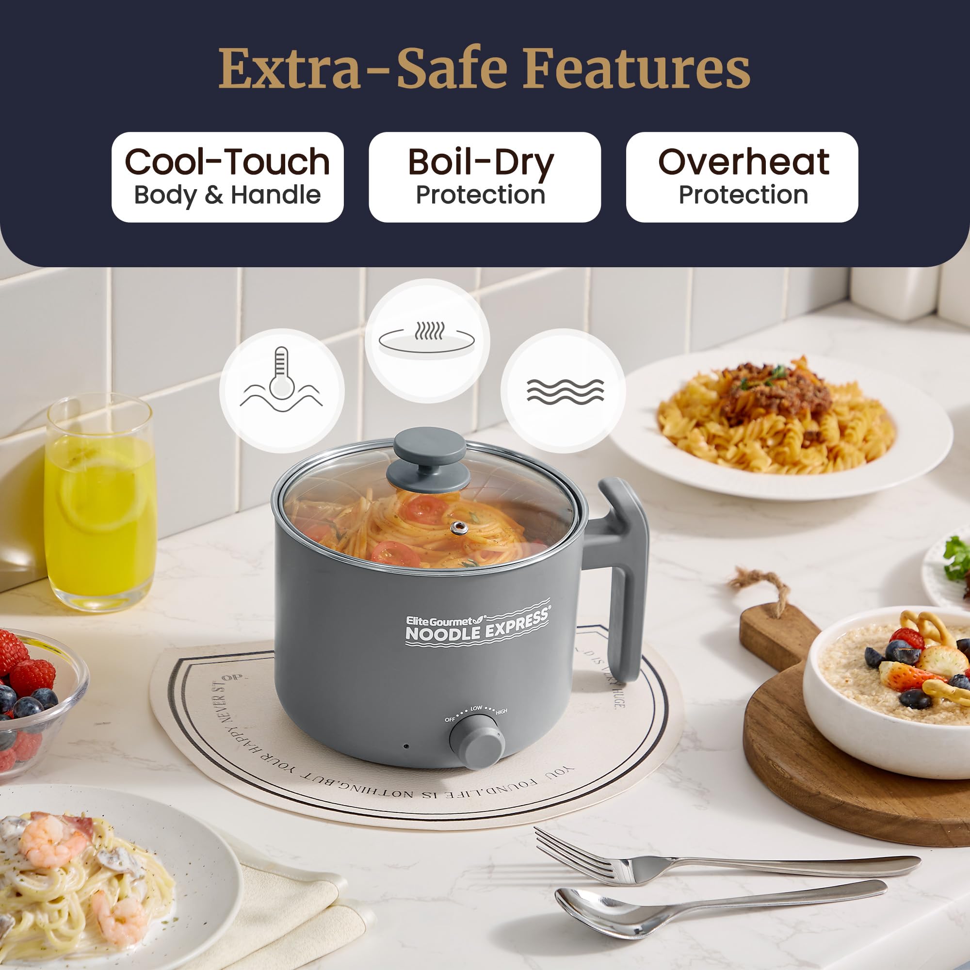 Elite Gourmet compact storage with removed cord illustrating space-saving convenience