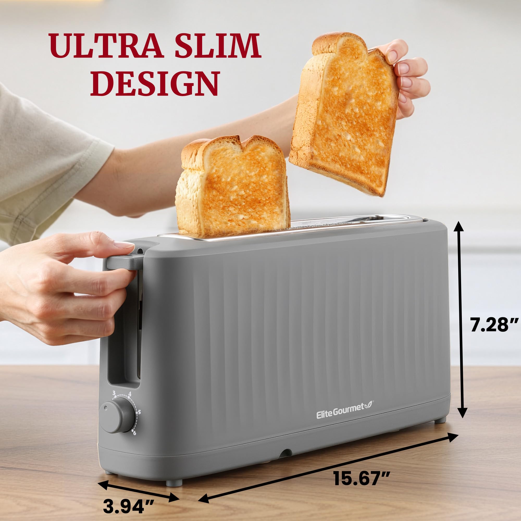 Elite Gourmet slide-out crumb tray detail for fast, mess-free cleaning
