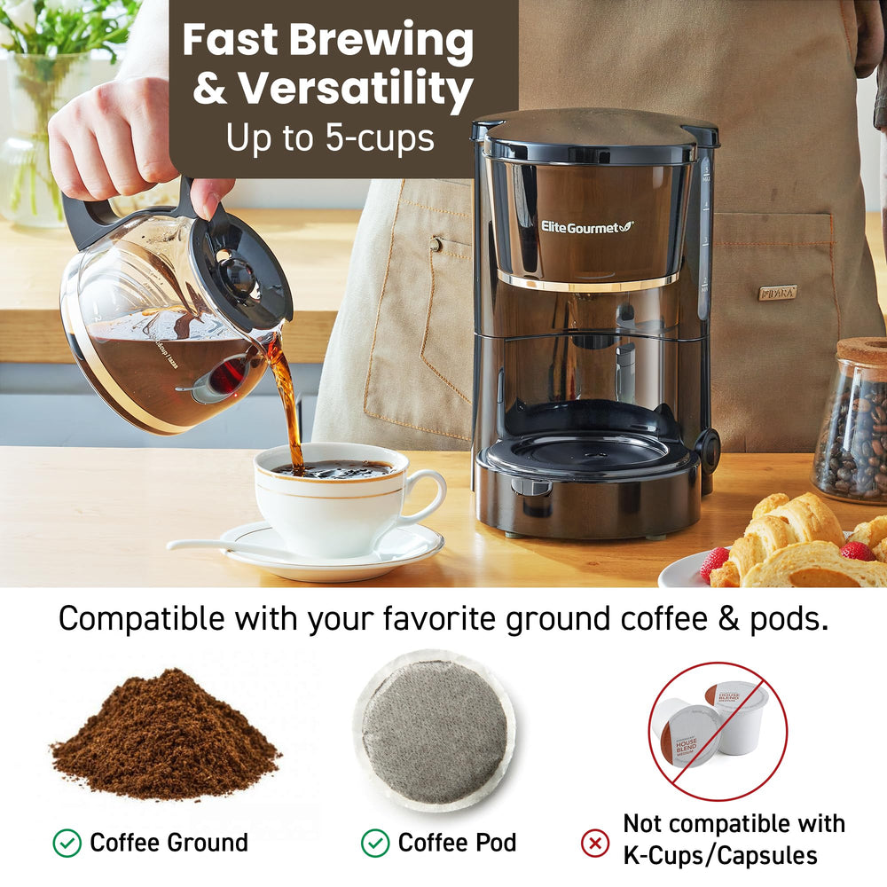 Elite Gourmet coffeemaker in small kitchen demonstrating space-saving convenience benefit