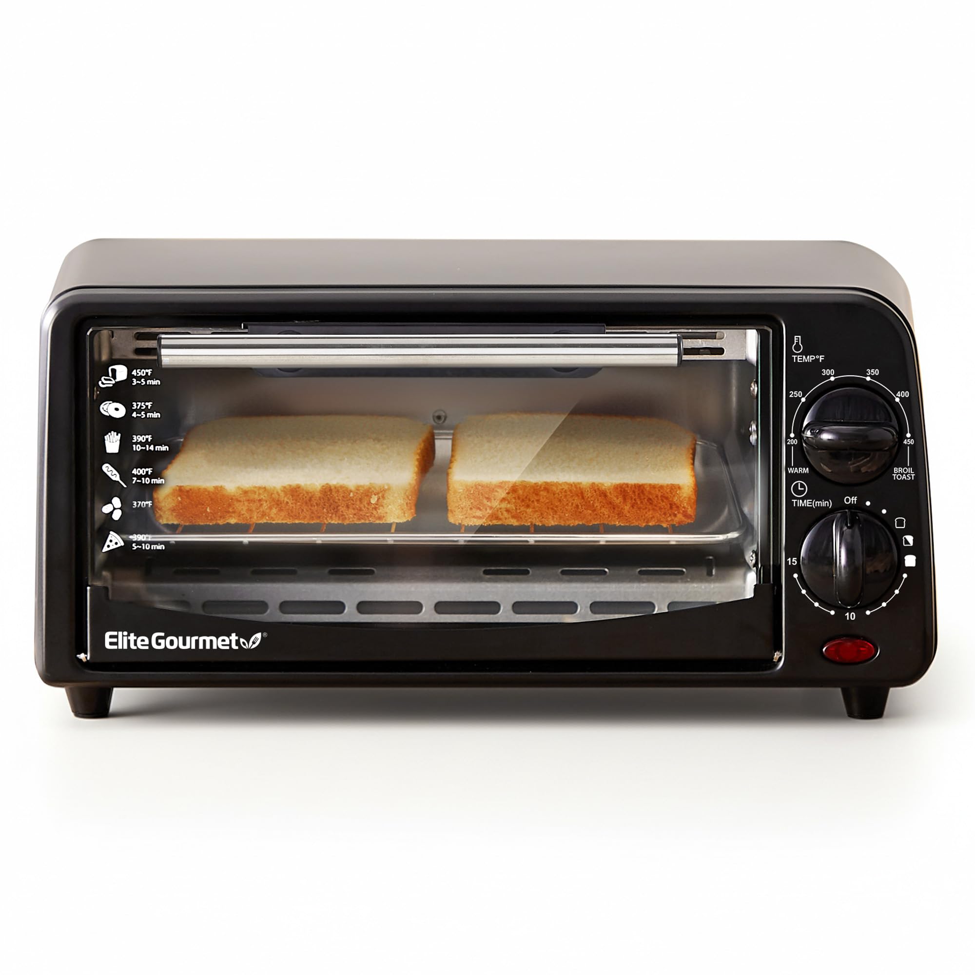 Elite Gourmet ETO236 front view showing compact black toaster oven and sleek profile