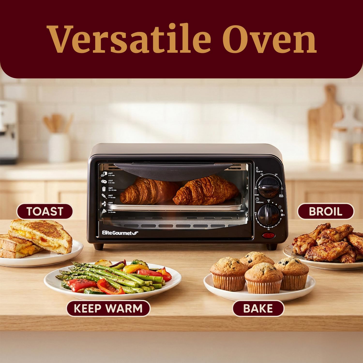 Elite Gourmet ETO236 on a small kitchen counter illustrating space-saving convenience