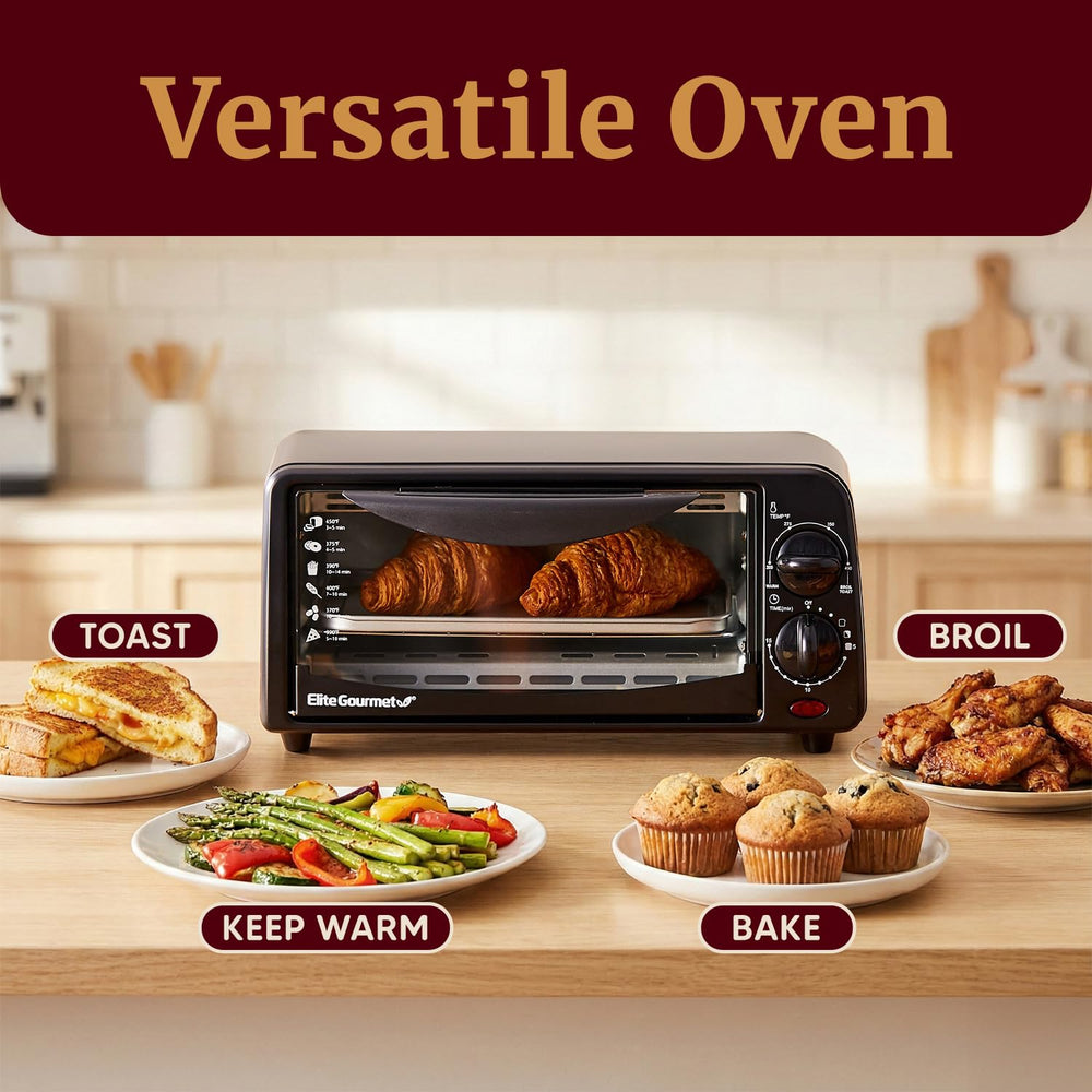 Elite Gourmet ETO236 on a small kitchen counter illustrating space-saving convenience