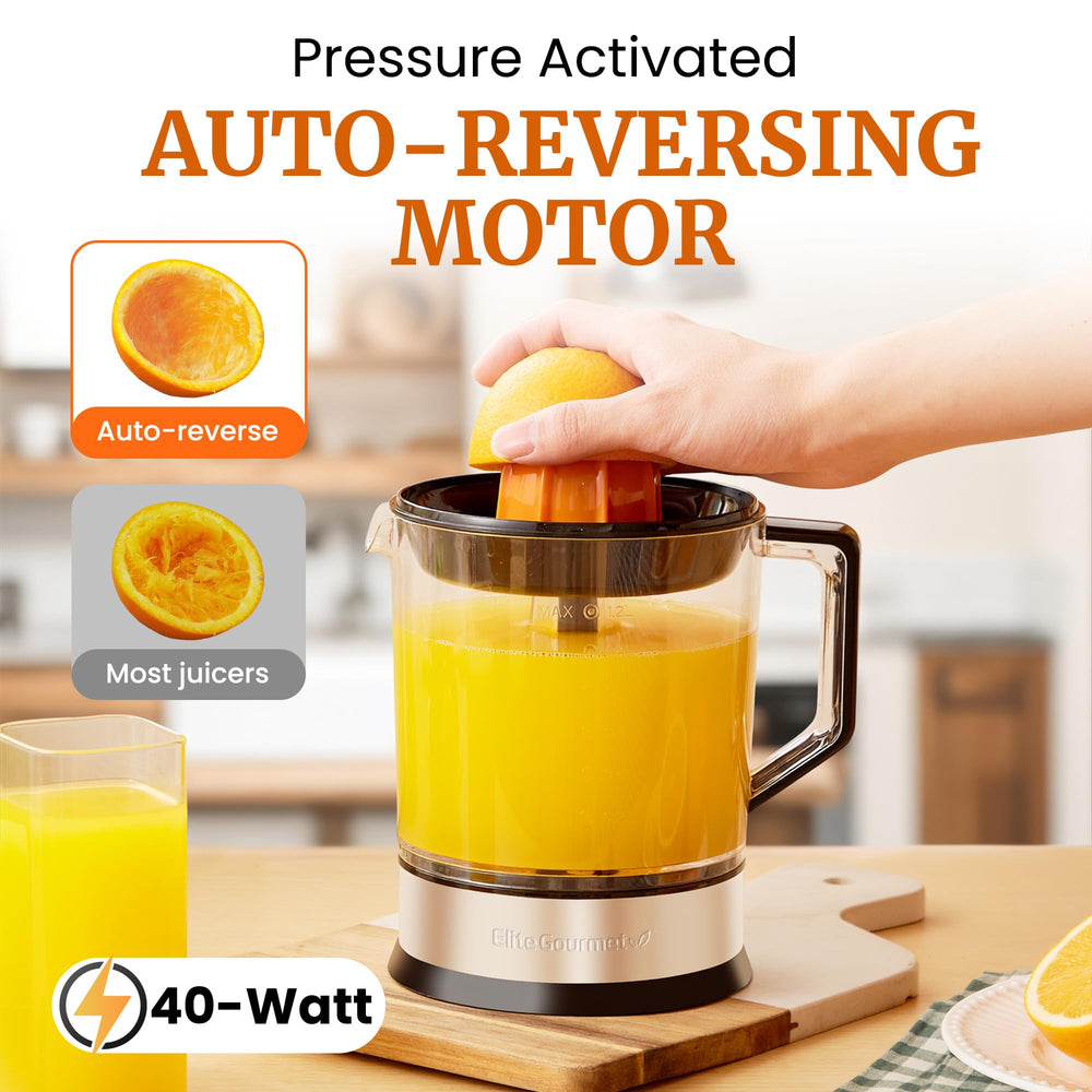 Elite Gourmet ETS740 juicing action with orange pressed on cone delivering fresh juice quickly